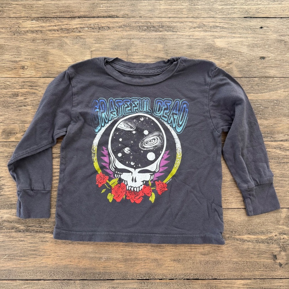 Rowdy Sprout Grateful Dead Space Skull Long Sleeve Tee Charcoal Gray 6-12M